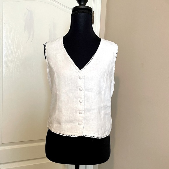 Laura Ashley White Linen Vest Waistcoat Top Blouse Size S Coastal Boho Cottage - Picture 1 of 12